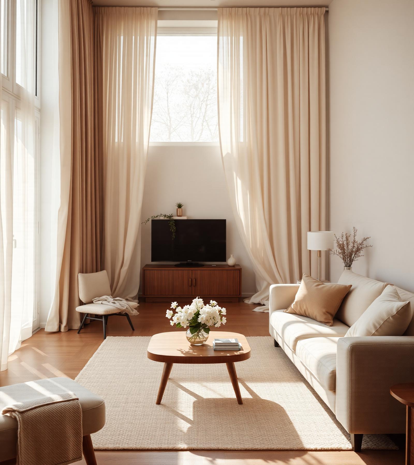 Sunlit luxury living room with fresh flowers